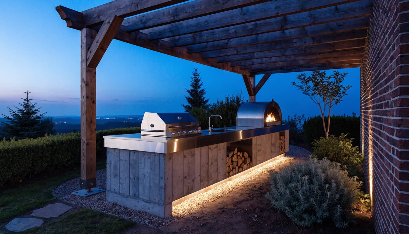 Buitenkeuken onder een pergola bij schemer, met gasgrill, spoelbak en ingebouwde steenoven