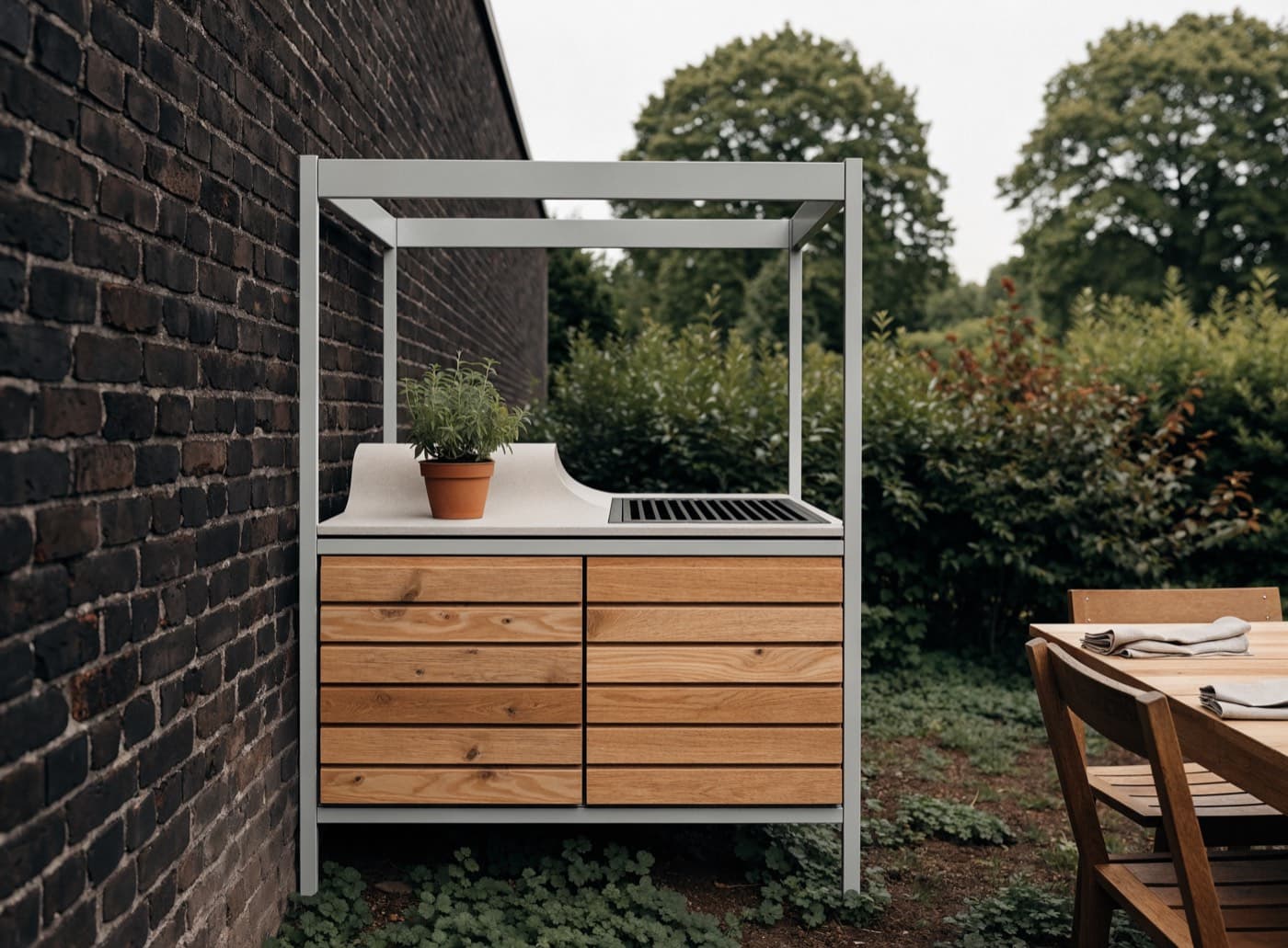 Compacte buitenkeuken tegen een bakstenen muur in een Nederlandse tuin